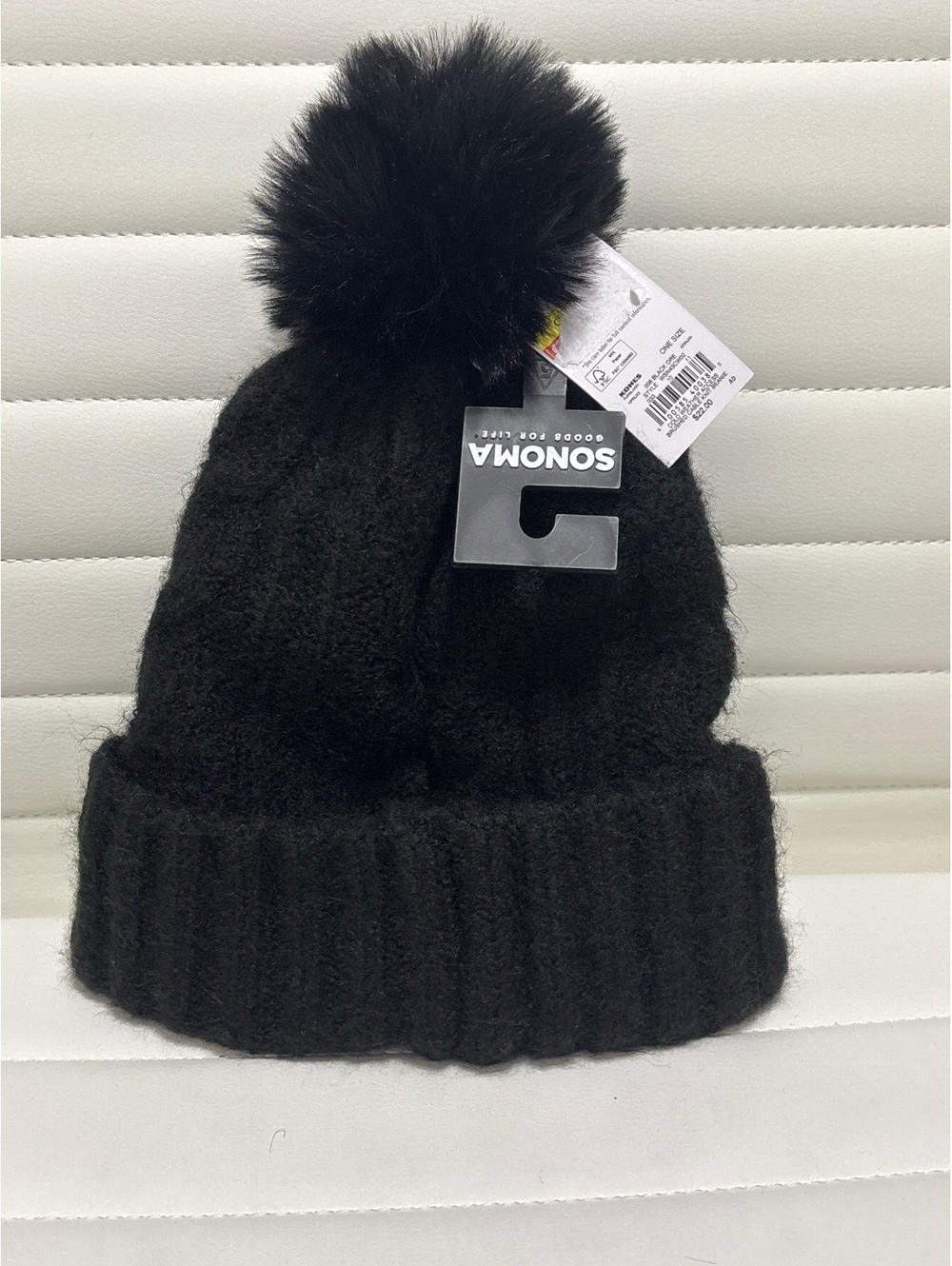 Sonoma Black Faux Fur Pom Pom Beanie Hat One Size